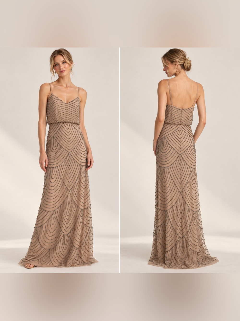 Adrianna Papell Taupe Beaded Spaghetti-Strap Maxi Dress • size 10
